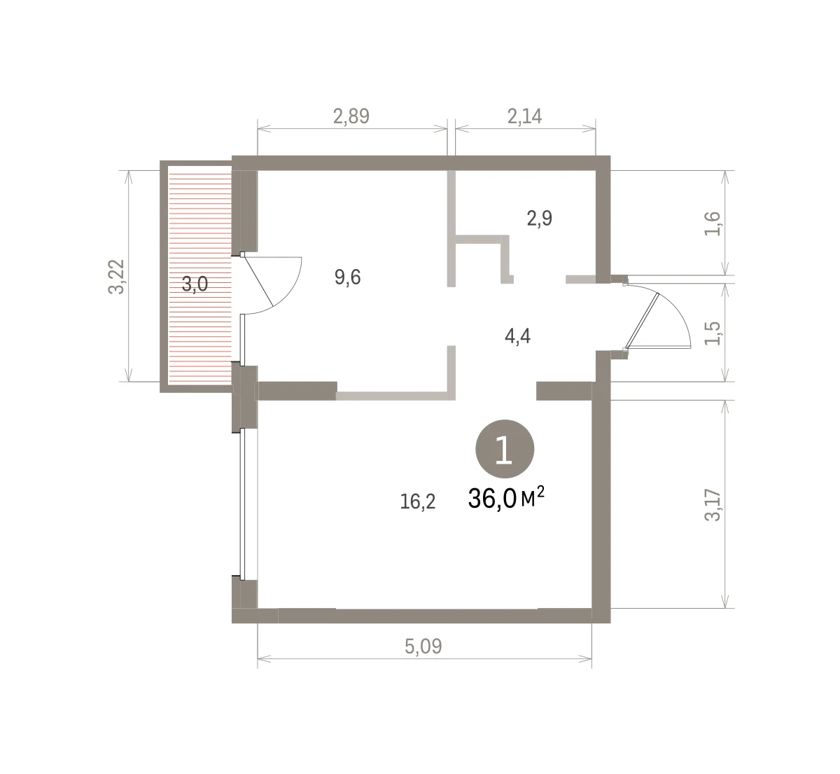 1 комн. Квартира 36 кв. м