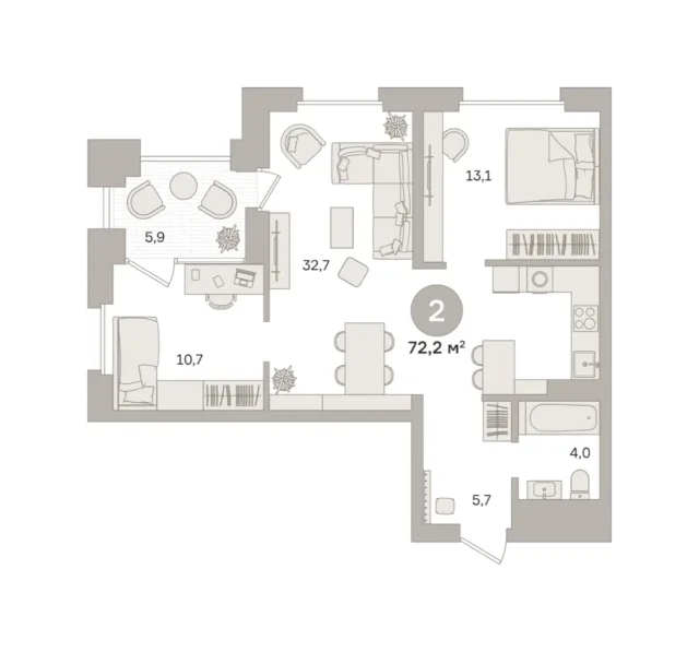 2 комн. Квартира 72.2 кв. м