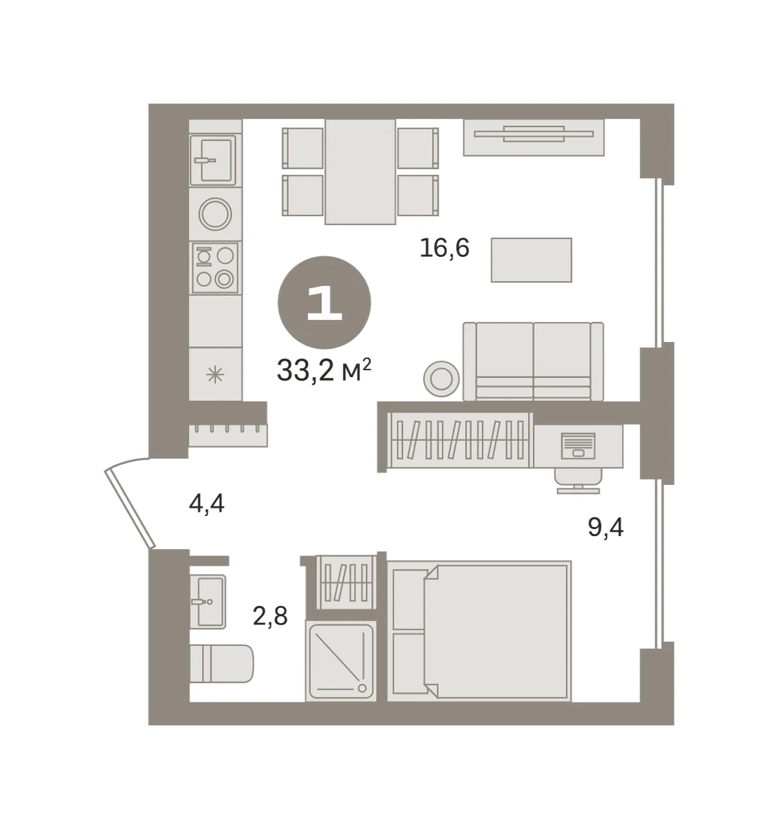 1 комн. Квартира 33.2 кв. м