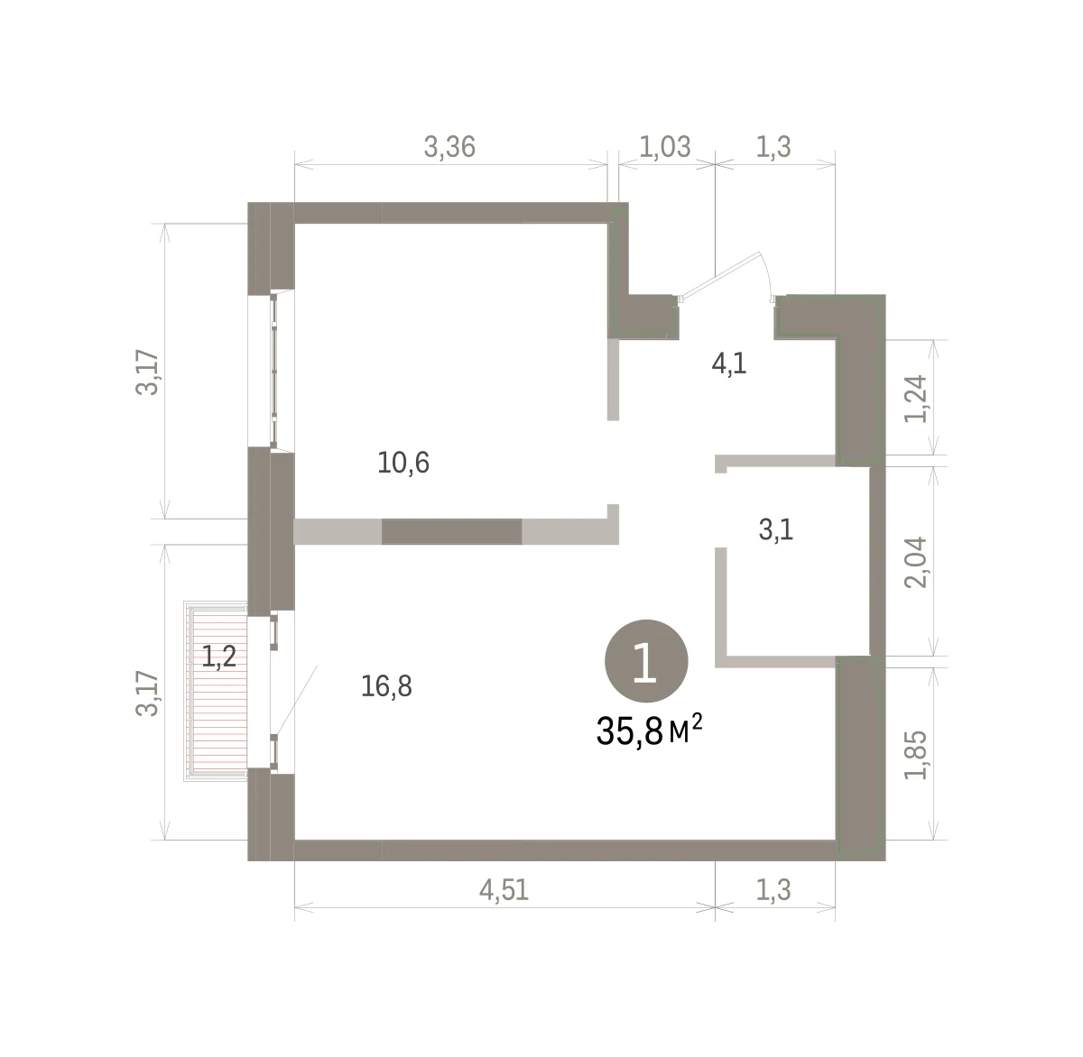1 комн. Квартира 35.8 кв. м