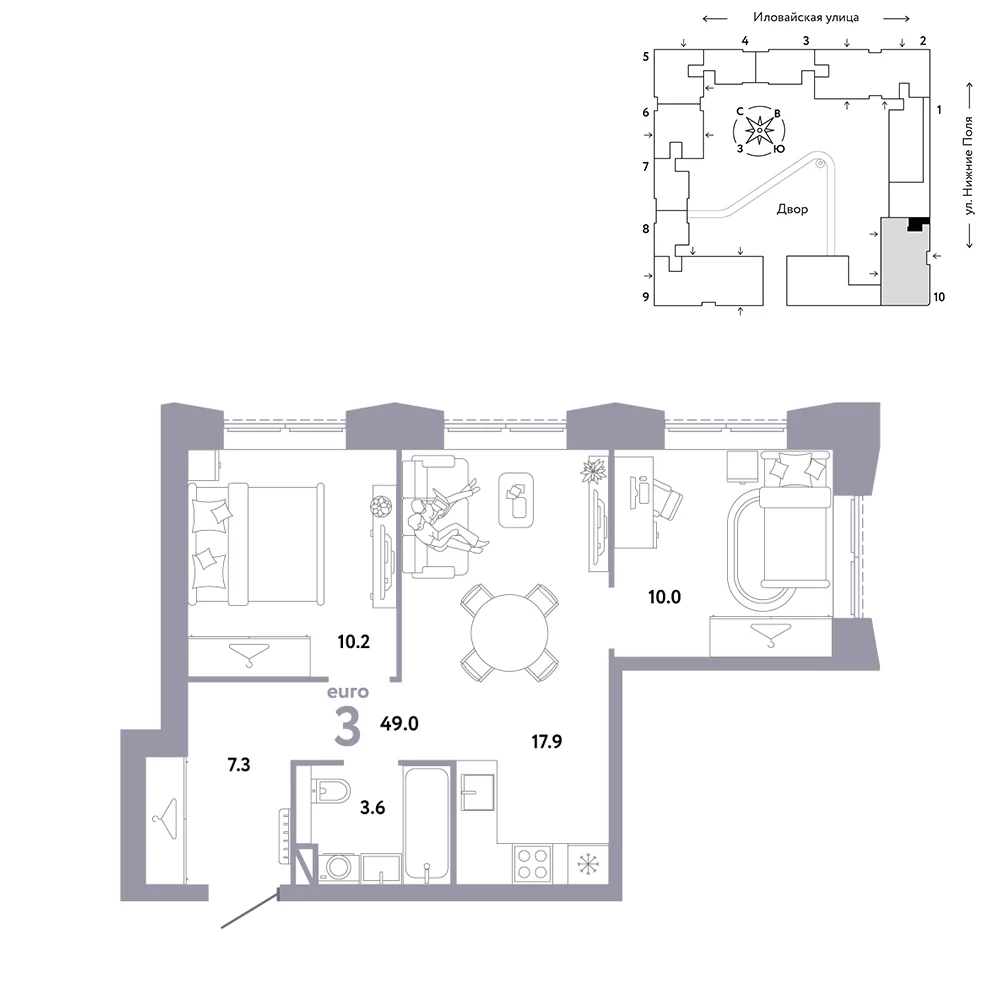 3 комн. Квартира 49 кв. м