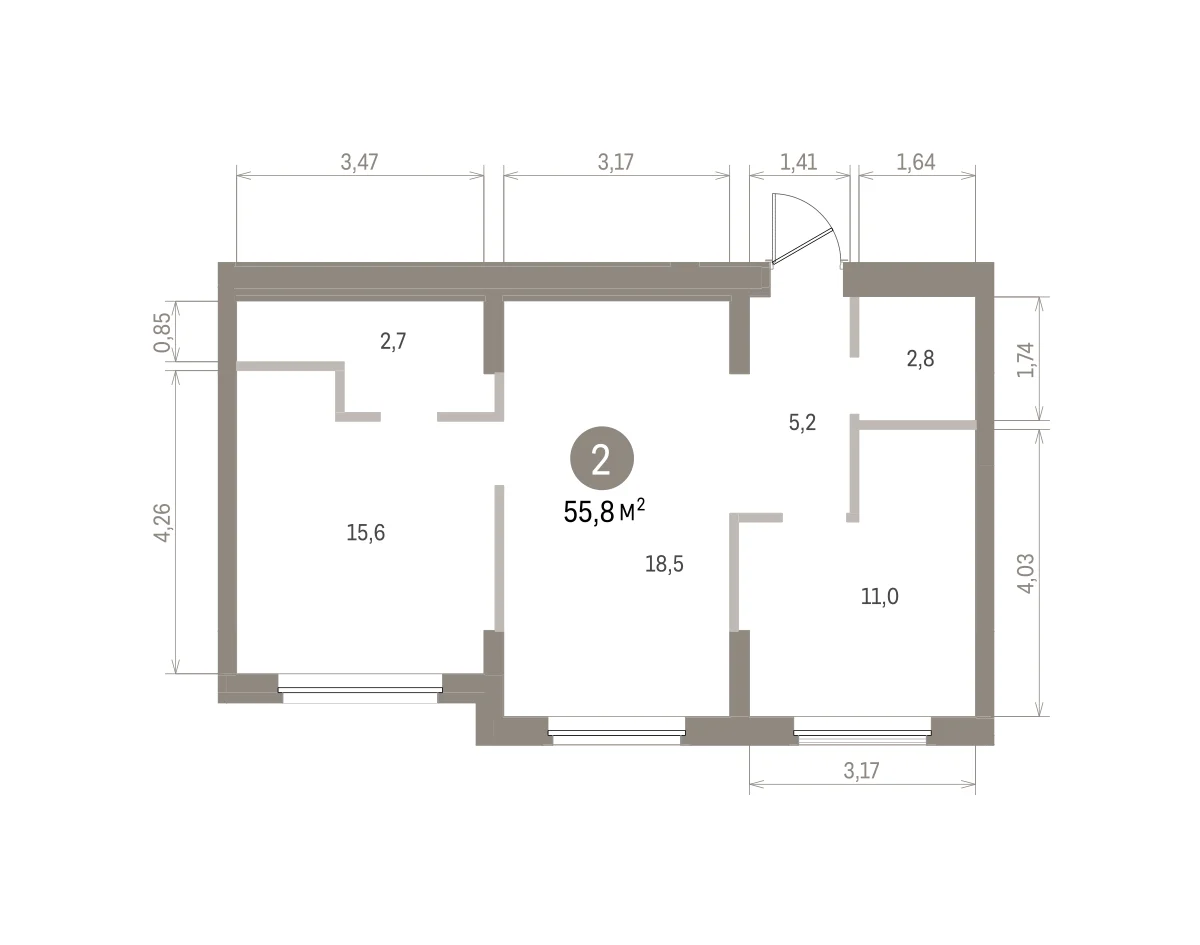 2 комн. Квартира 55.8 кв. м