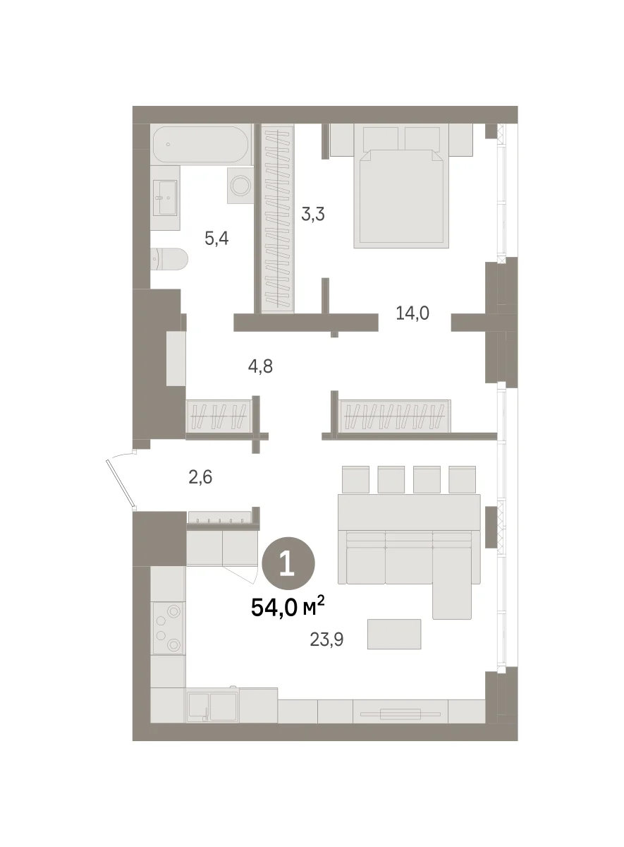 1 комн. Квартира 54 кв. м