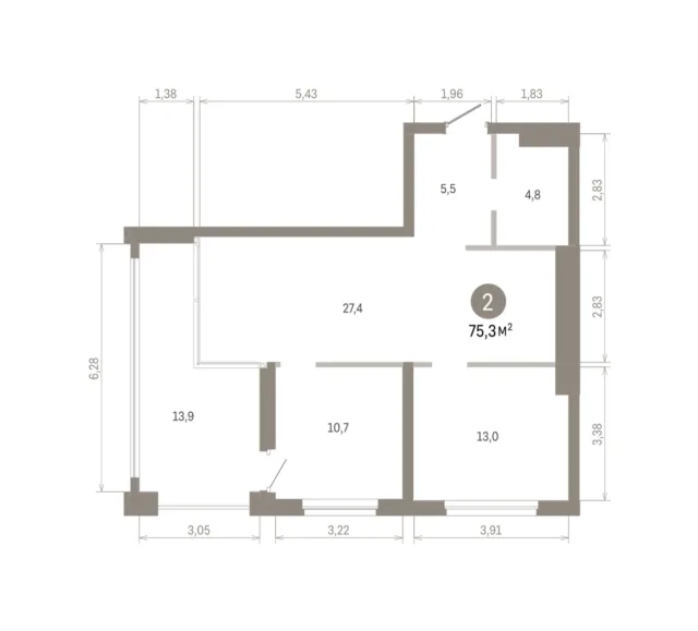 2 комн. Квартира 75.3 кв. м