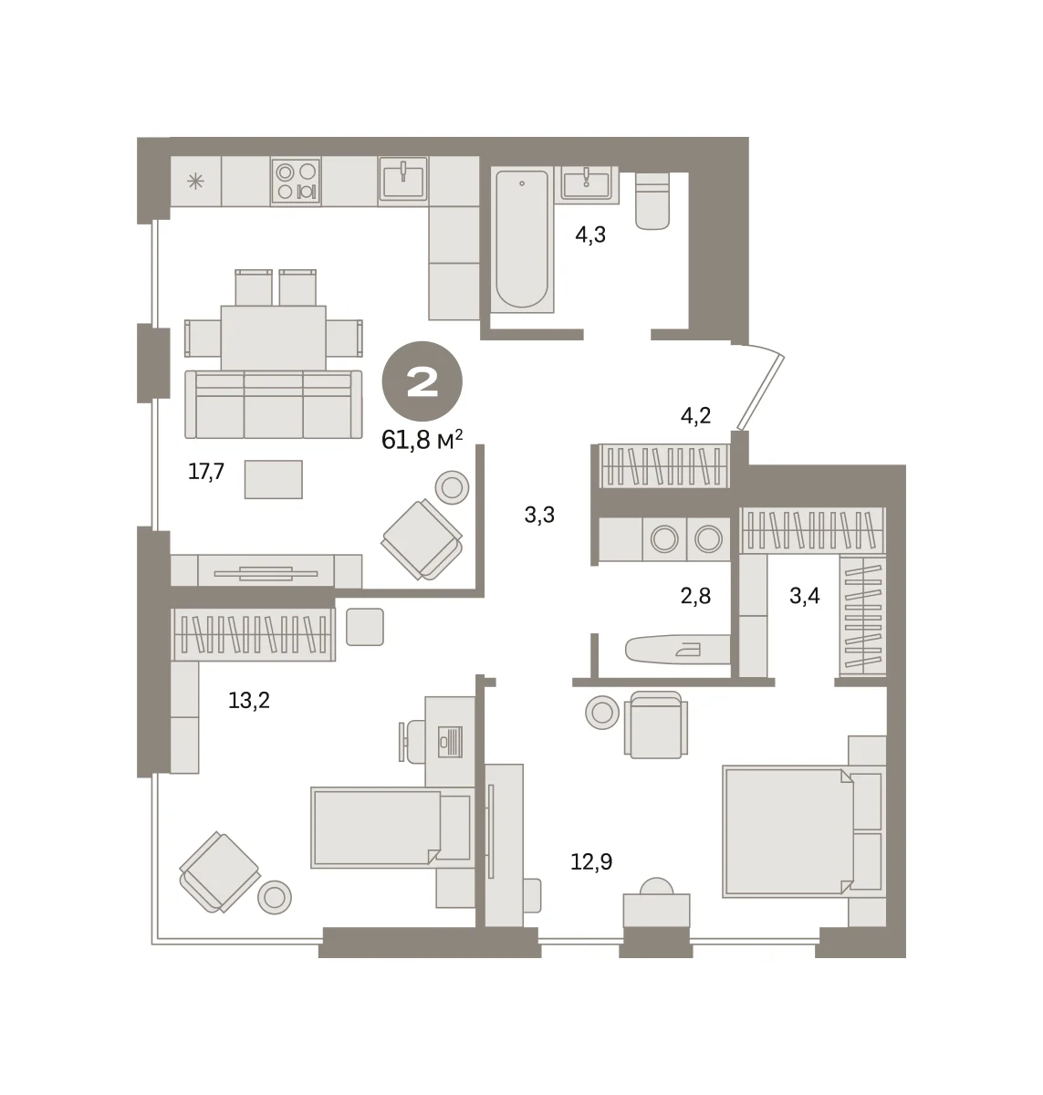 2 комн. Квартира 61.8 кв. м