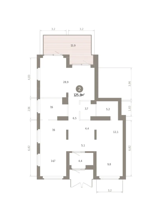 2 комн. Квартира 125.8 кв. м