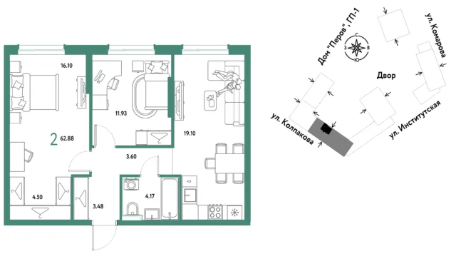 2 комн. Квартира 62.9 кв. м