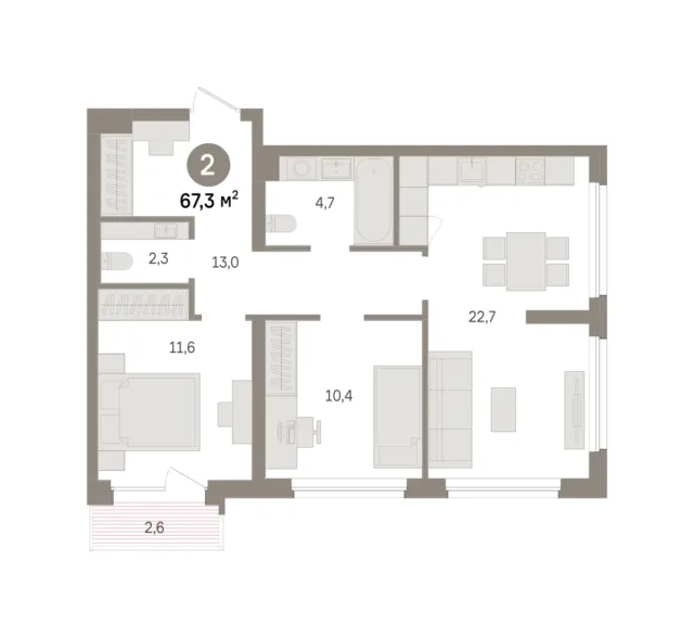 2 комн. Квартира 67.3 кв. м