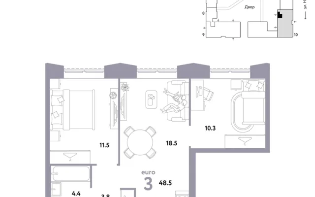 3 комн. Квартира 48.5 кв. м, Москва