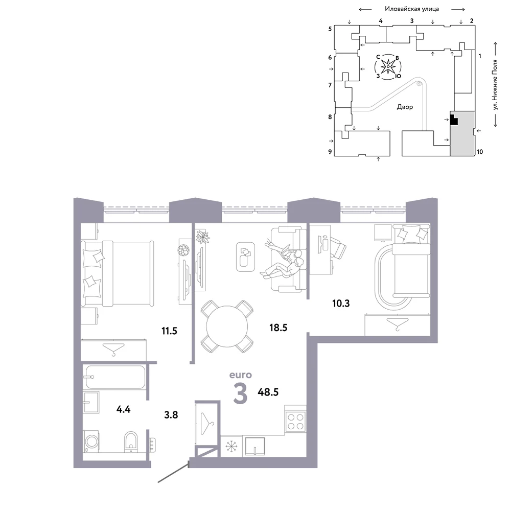 3 комн. Квартира 48.5 кв. м