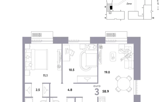 3 комн. Квартира 58.9 кв. м, Москва