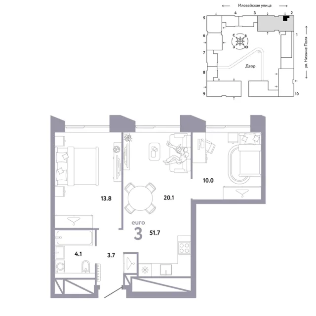 3 комн. Квартира 51.7 кв. м
