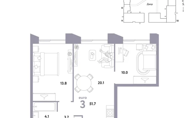 3 комн. Квартира 51.7 кв. м, Москва