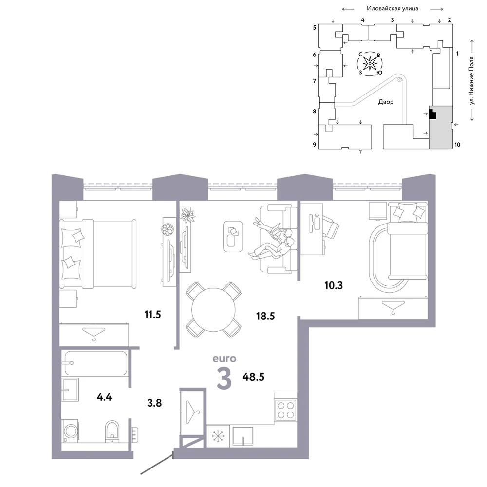 3 комн. Квартира 48.5 кв. м