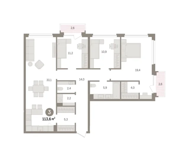 3 комн. Квартира 113.6 кв. м