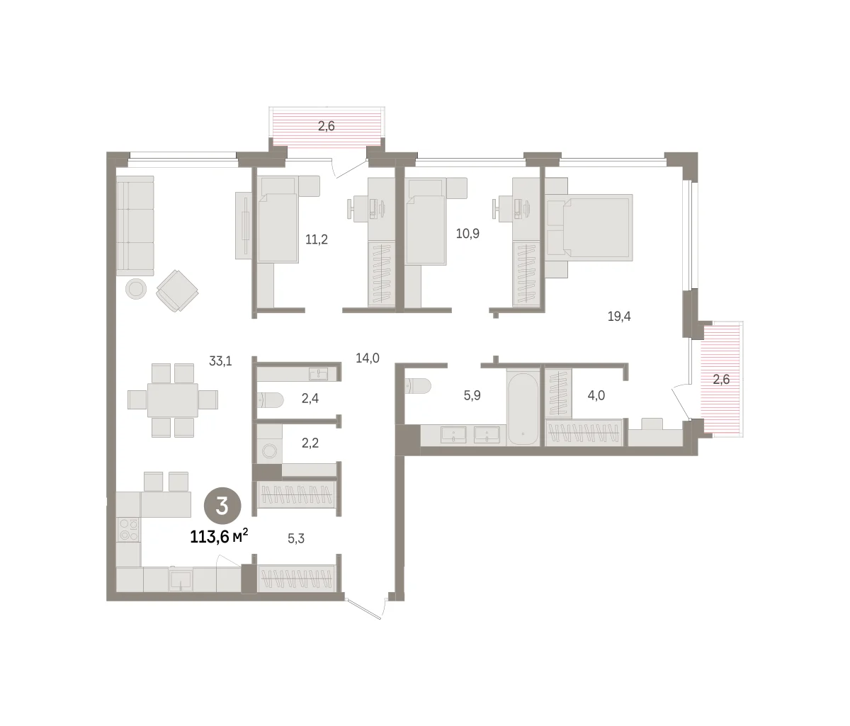 3 комн. Квартира 113.6 кв. м