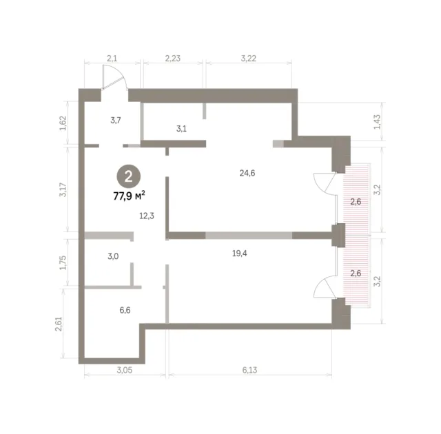 2 комн. Квартира 77.9 кв. м