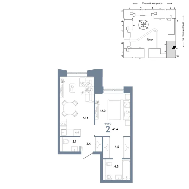 2 комн. Квартира 41.4 кв. м