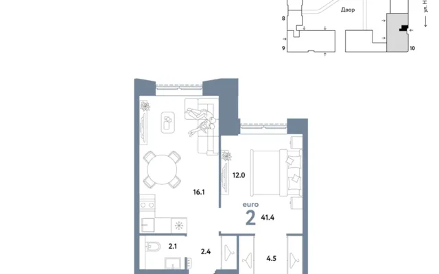 2 комн. Квартира 41.4 кв. м, Москва