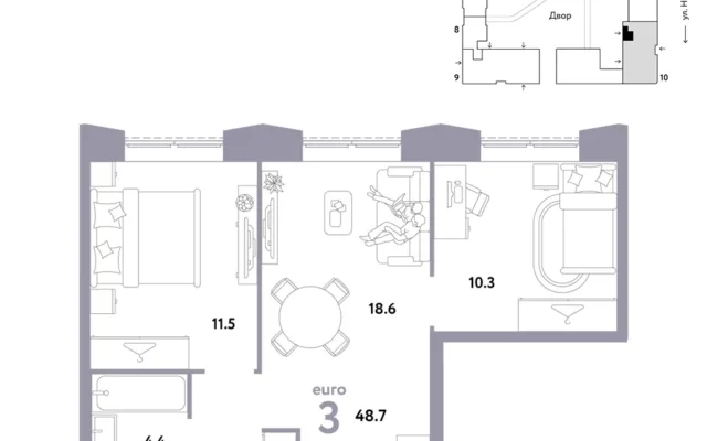 3 комн. Квартира 48.7 кв. м, Москва