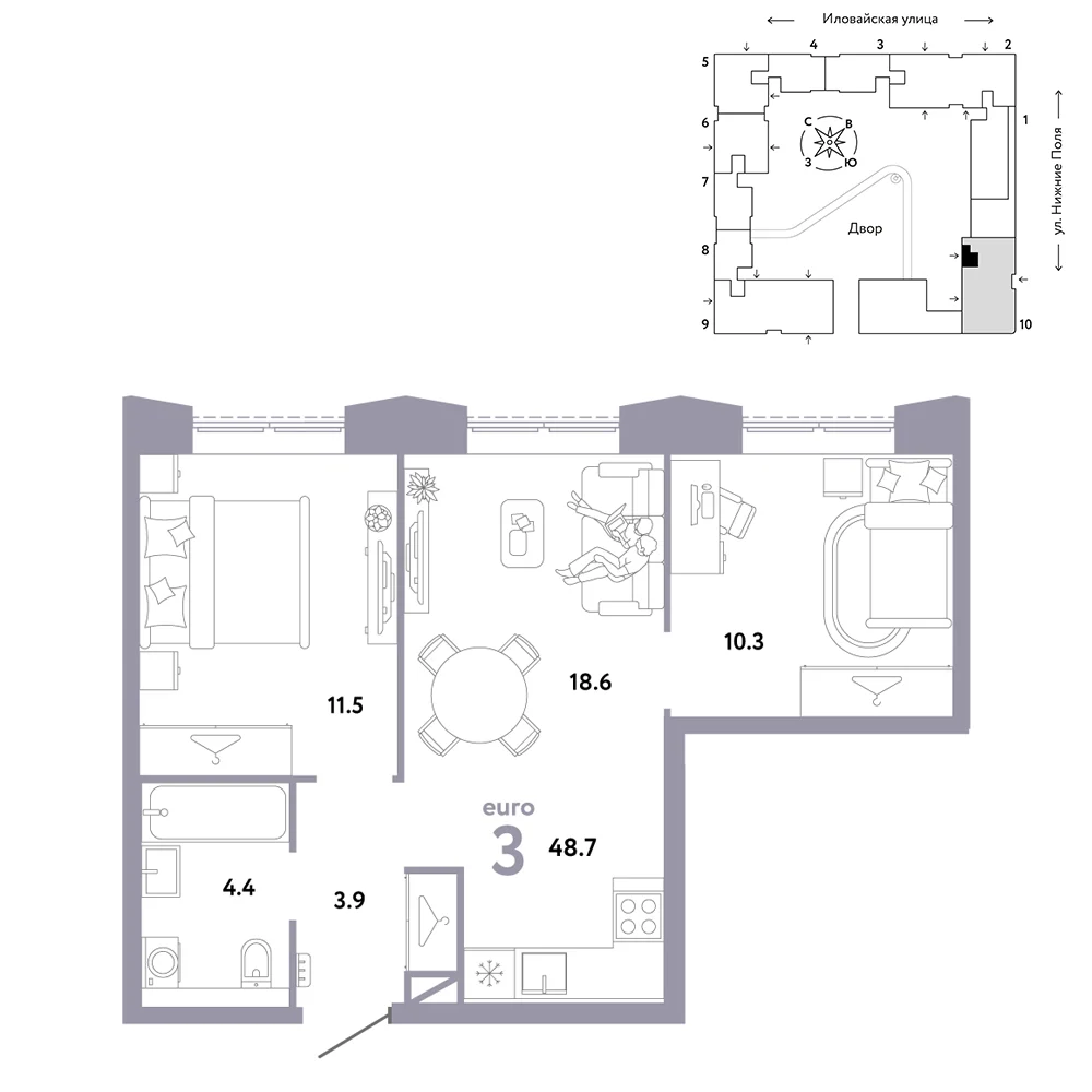 3 комн. Квартира 48.7 кв. м