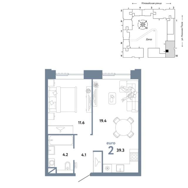2 комн. Квартира 39.3 кв. м