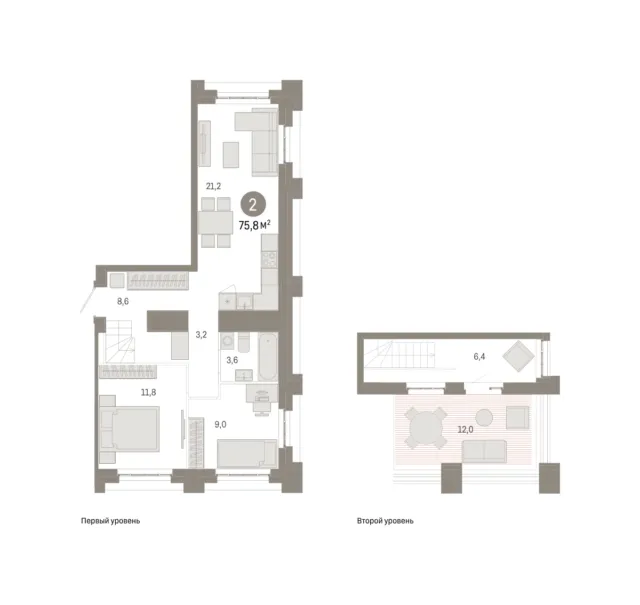 2 комн. Квартира 75.8 кв. м