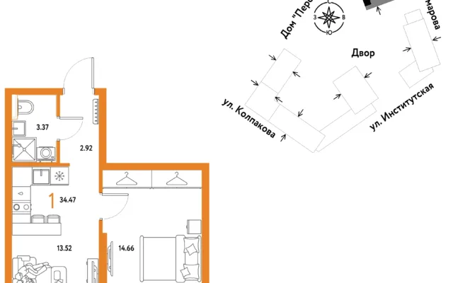 1 комн. Квартира 34.5 кв. м, Москва