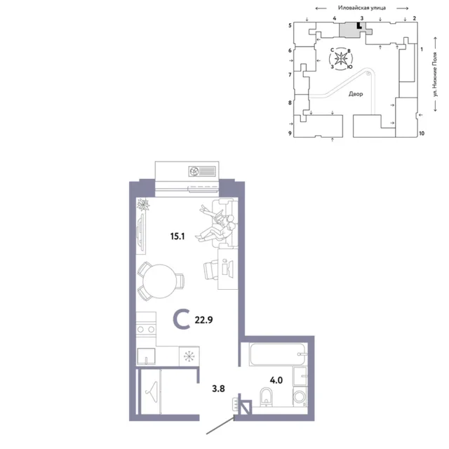 1 комн. Квартира 22.9 кв. м