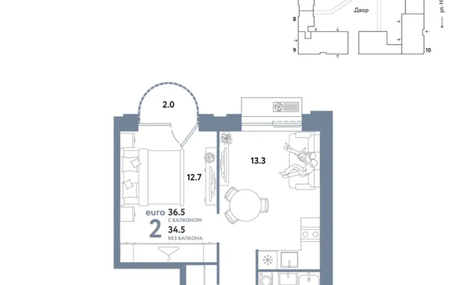 2 комн. Квартира 36.5 кв. м, Москва