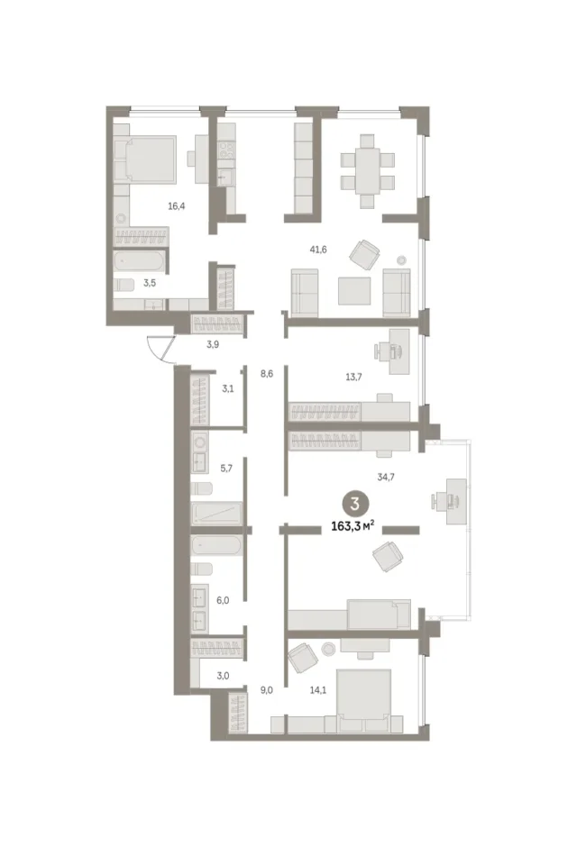 3 комн. Квартира 163.3 кв. м