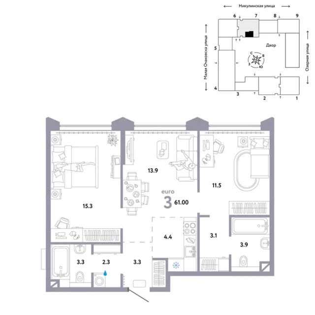 3 комн. Квартира 61 кв. м