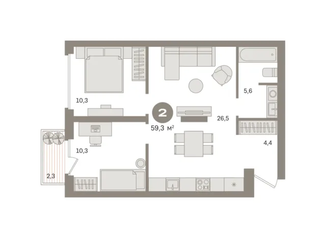 2 комн. Квартира 59.8 кв. м
