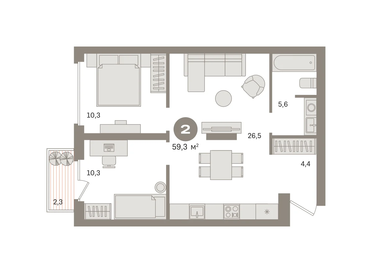 2 комн. Квартира 59.8 кв. м