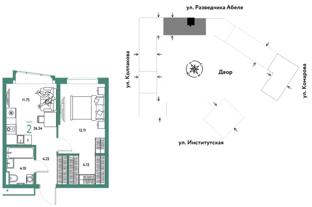 2 комн. Квартира 36.3 кв. м