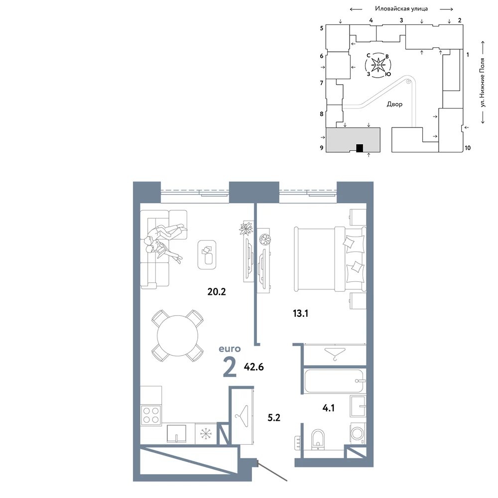 2 комн. Квартира 42.6 кв. м