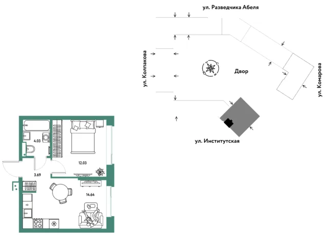 2 комн. Квартира 34.4 кв. м
