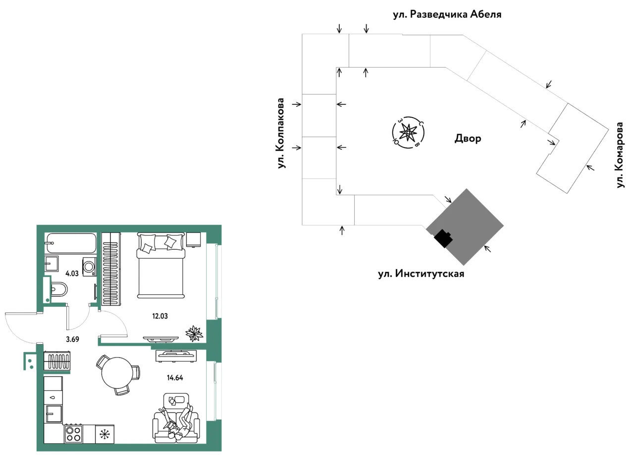 2 комн. Квартира 34.4 кв. м