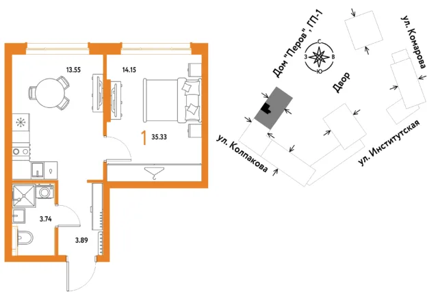 1 комн. Квартира 35.3 кв. м