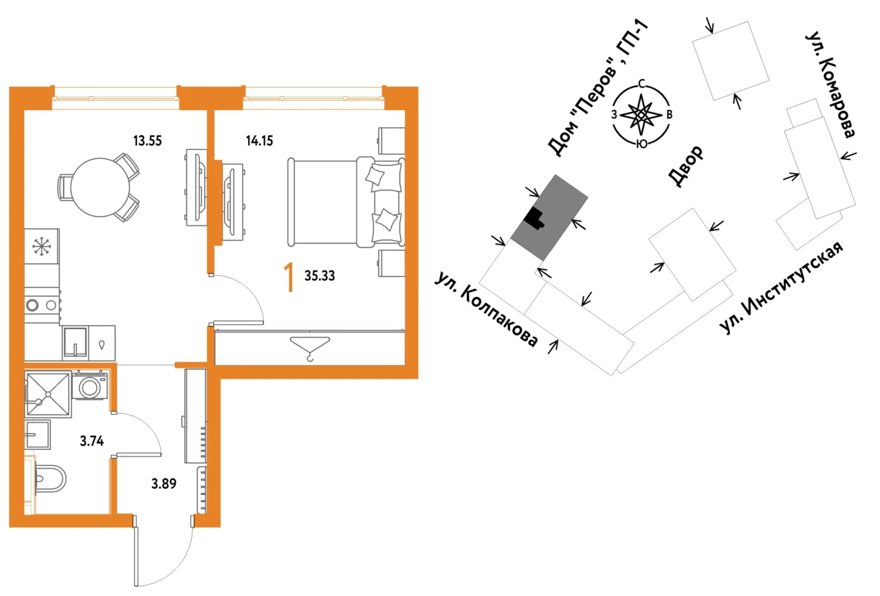 1 комн. Квартира 35.3 кв. м