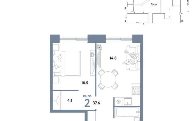 2 комн. Квартира 37.6 кв. м, Москва