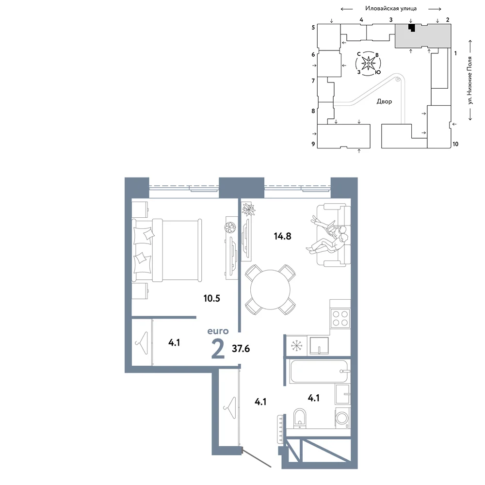 2 комн. Квартира 37.6 кв. м