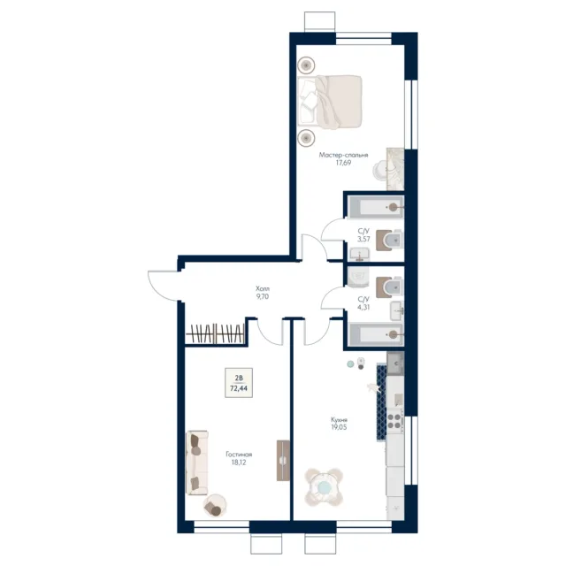 2 комн. Квартира 72.4 кв. м