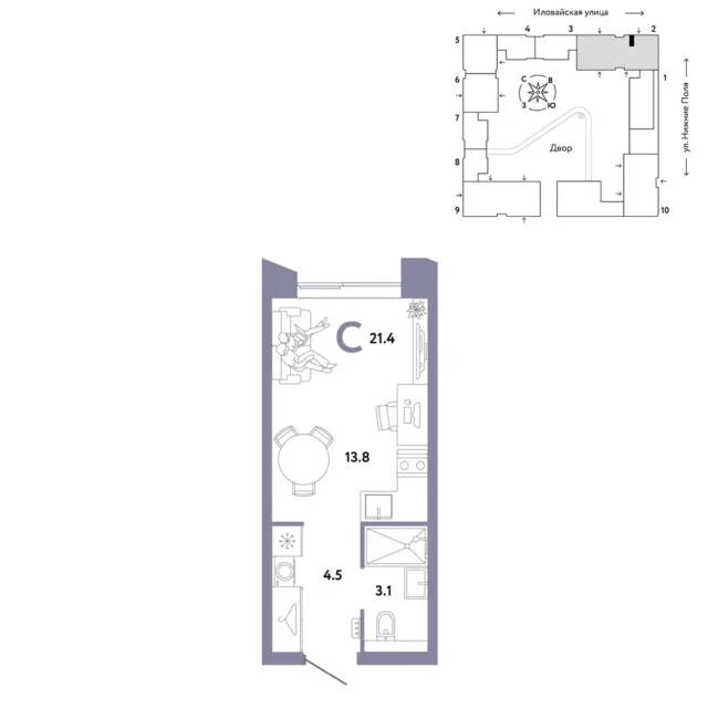 1 комн. Квартира 21.4 кв. м
