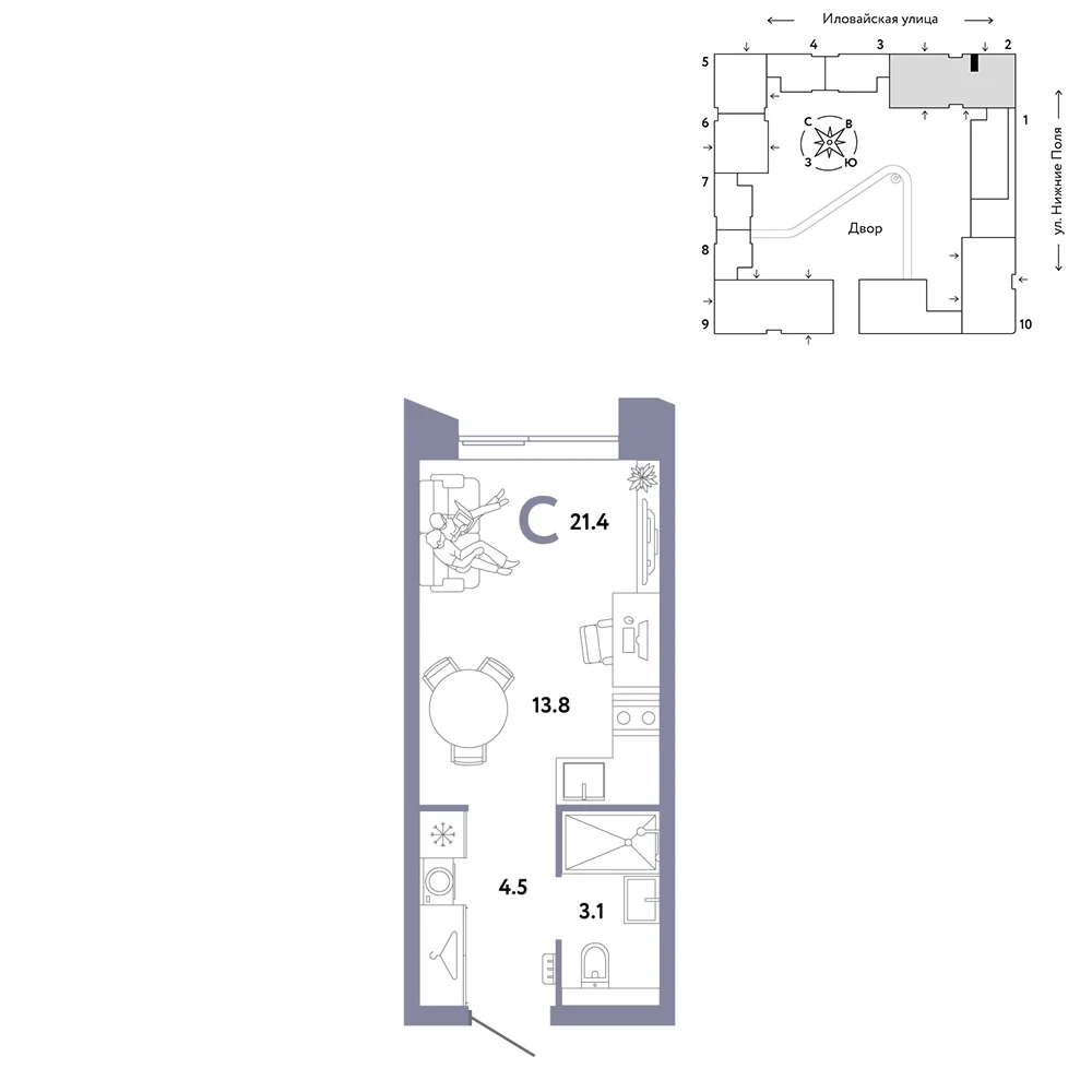 1 комн. Квартира 21.4 кв. м