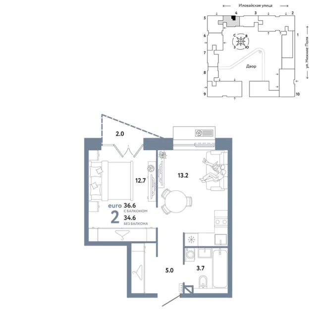 2 комн. Квартира 36.6 кв. м