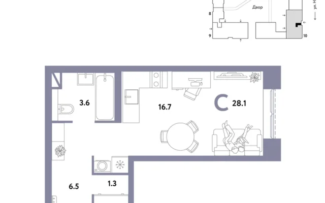 1 комн. Квартира 28.1 кв. м, Москва