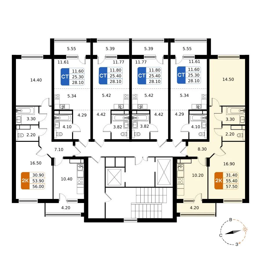 2 комн. Квартира 57.5 кв. м