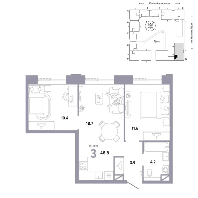 3 комн. Квартира 48.8 кв. м