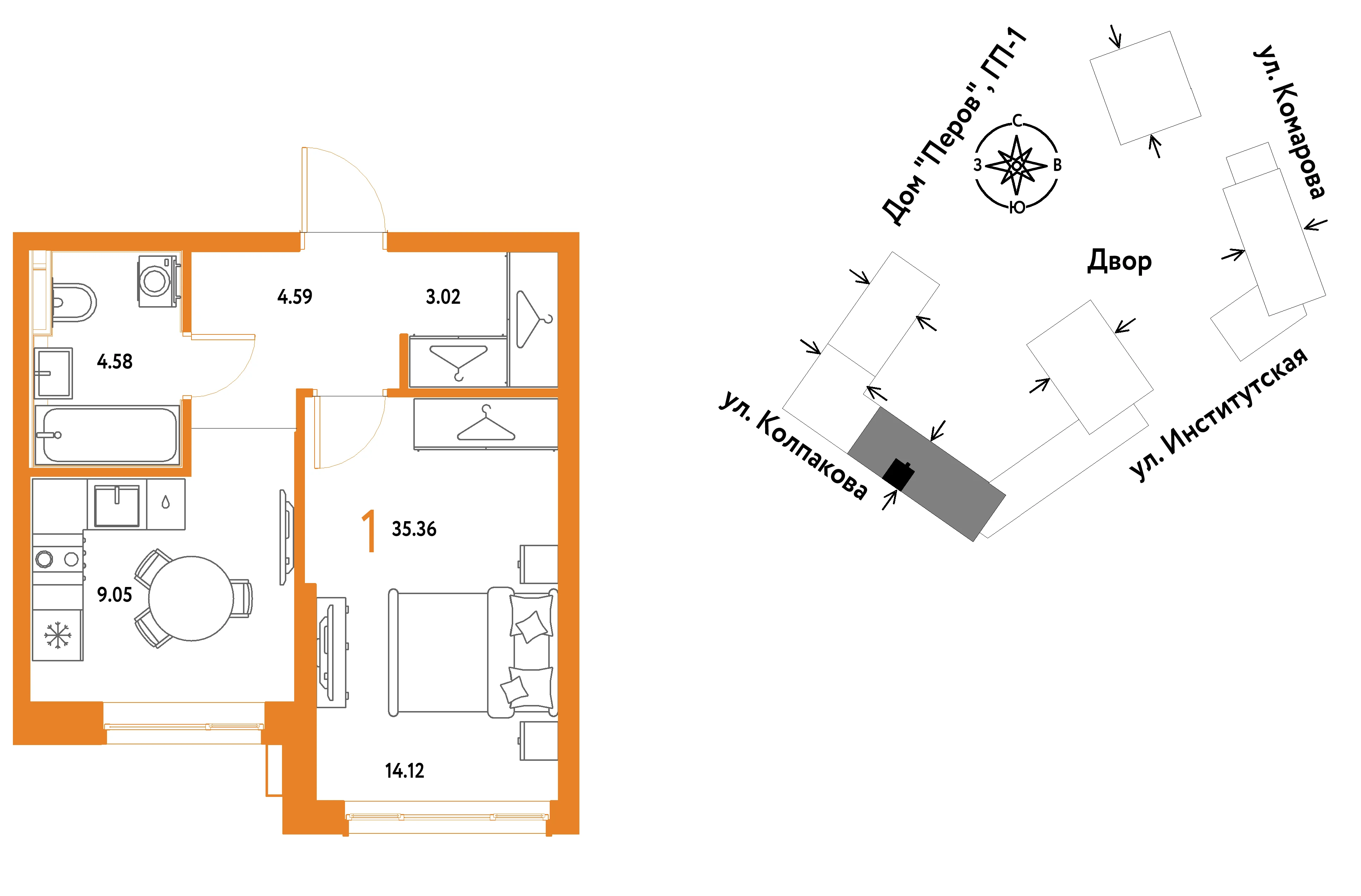 1 комн. Квартира 35.4 кв. м